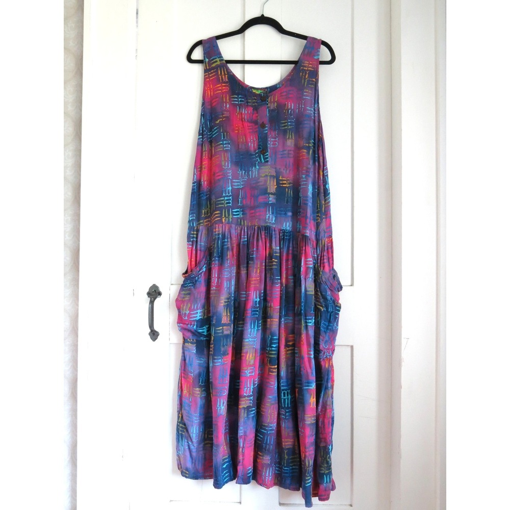 VTG Indonesian Rayon Batik Sundress One Size Market Midi Festival Boho Tie Dye